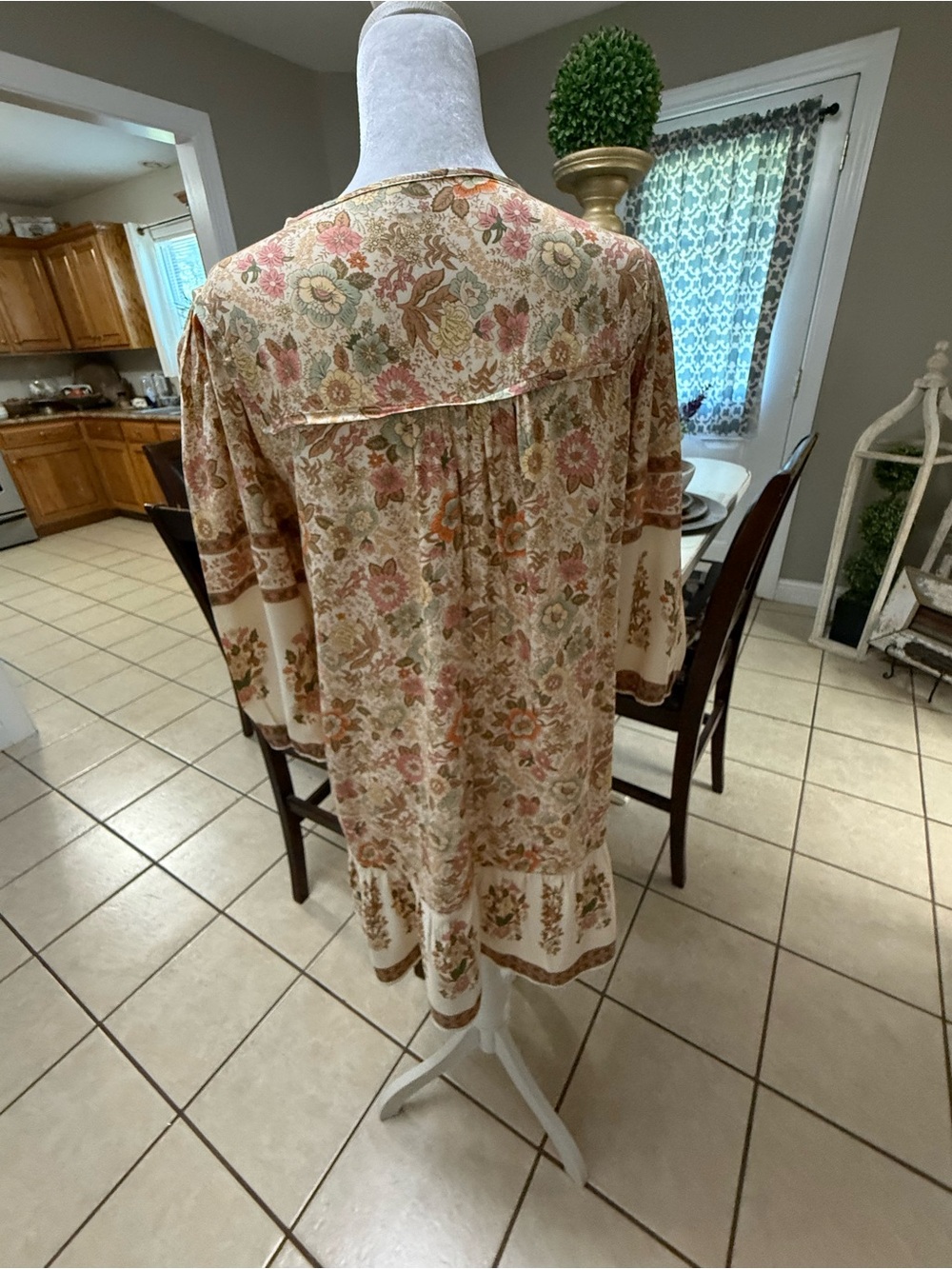 Women's Floral Boho Sleep Tunic - Cream with Pink & Green Floral - Picture 4 of 10